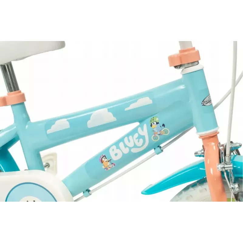 Bērnu velosipēds Toimsa Bluey 12 collas — zils un laims, priekšējās un aizmugurējās bremzes, sānu riteņi