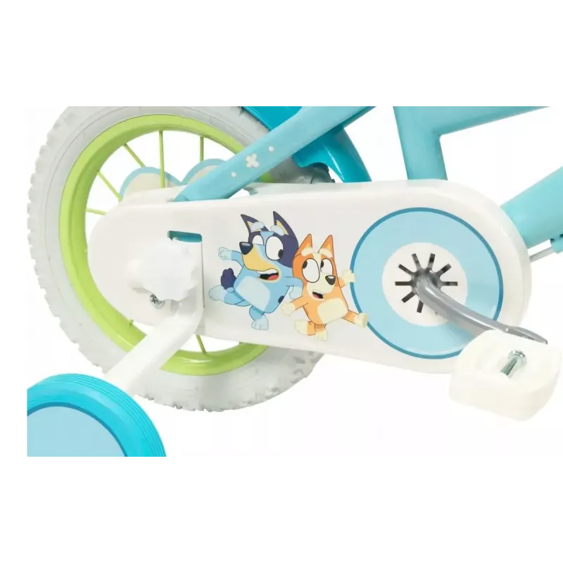 Bērnu velosipēds Toimsa Bluey 12 collas — zils un laims, priekšējās un aizmugurējās bremzes, sānu riteņi