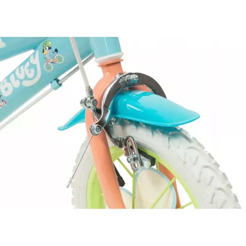 Bērnu velosipēds Toimsa Bluey 12 collas — zils un laims, priekšējās un aizmugurējās bremzes, sānu riteņi