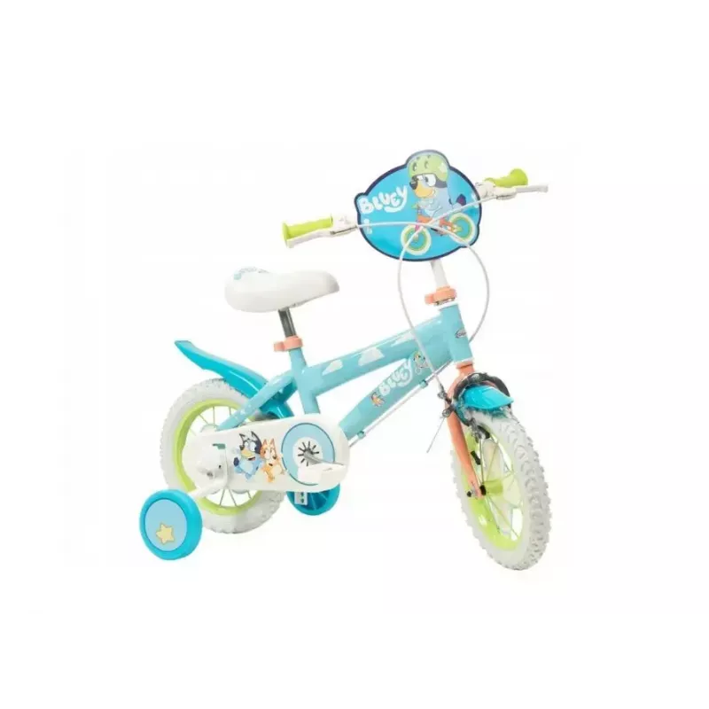 Bērnu velosipēds Toimsa Bluey 12 collas — zils un laims, priekšējās un aizmugurējās bremzes, sānu riteņi