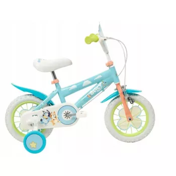 Bērnu velosipēds Toimsa Bluey 12 collas — zils un laims, priekšējās un aizmugurējās bremzes, sānu riteņi