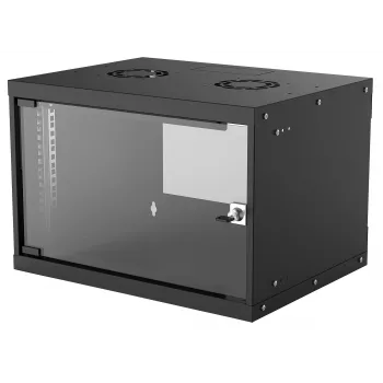 Sienas tīkla skapis INTELLINET 714143 — 6U 19 collu, 540×400×353 mm, cinkots tērauds, stikla durvis, IP20, max 50 kg