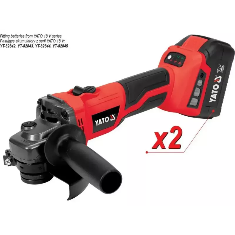 Leņķa slīpmašīna YATO YT-828295, bezvadu 18 V, bezsuku motors, 125 mm disks, 2x 4 Ah Li-Ion akumulatori, 1.26 kg