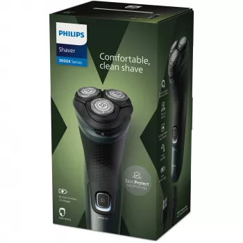 Elektriskais skuveklis Philips 3000X Series X3052/00 — rotācijas 3 galviņas, slapjā/sausā skūšana, NiMH akumulators, 45 min darbība, trimeris, melns/zaļš