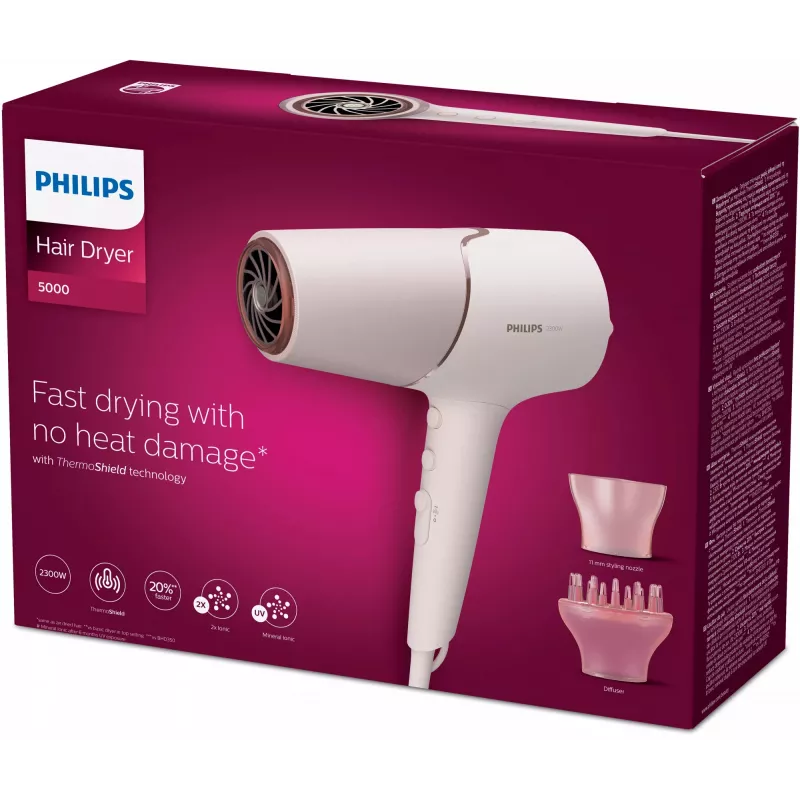 Fēns Philips BHD530/00 2300 W, 6 ātrumi/6 siltuma iestatījumi, jonu, aukstā gaisa poga, difuzors un koncentrators, rozā