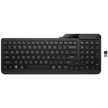 Bezvadu tastatūra HP 475 Dual-Mode — pilna izmēra QWERTY, RF + Bluetooth 5.3, ciparu bloks, melna, 376×153×19 mm