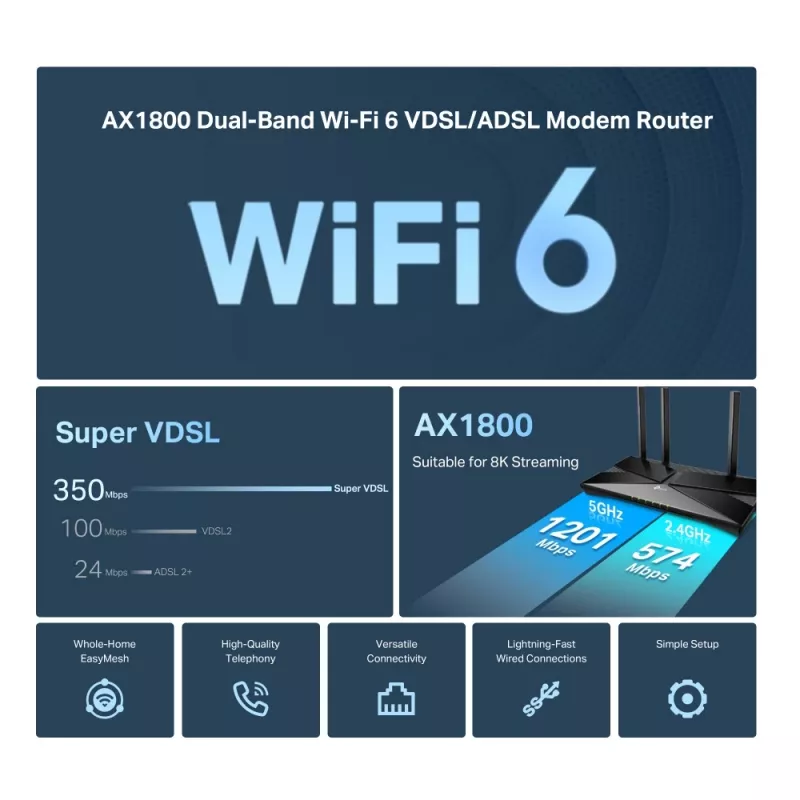 TP-Link Archer AX1800 Divjoslu Wi-Fi 6 VDSL/ADSL modēma maršrutētājs