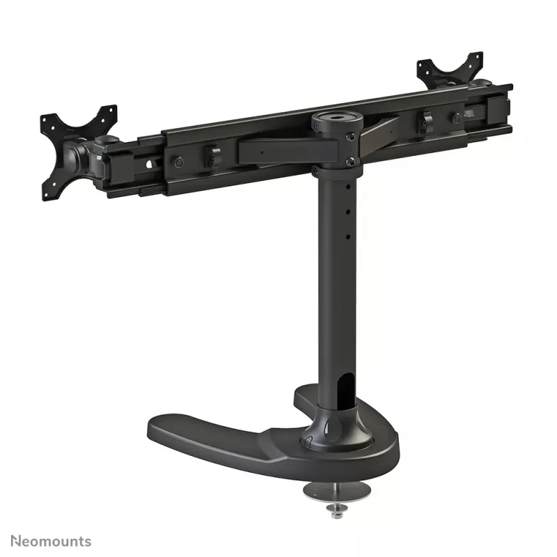 Neomounts FPMA-D700DD galda statīvs diviem monitoriem, pilnībā kustināms, 19-30 collas (48,3-76,2 cm), 8 kg uz ekrānu, VESA 75x75-100x100, statīvs/grommet stiprinājums, melns