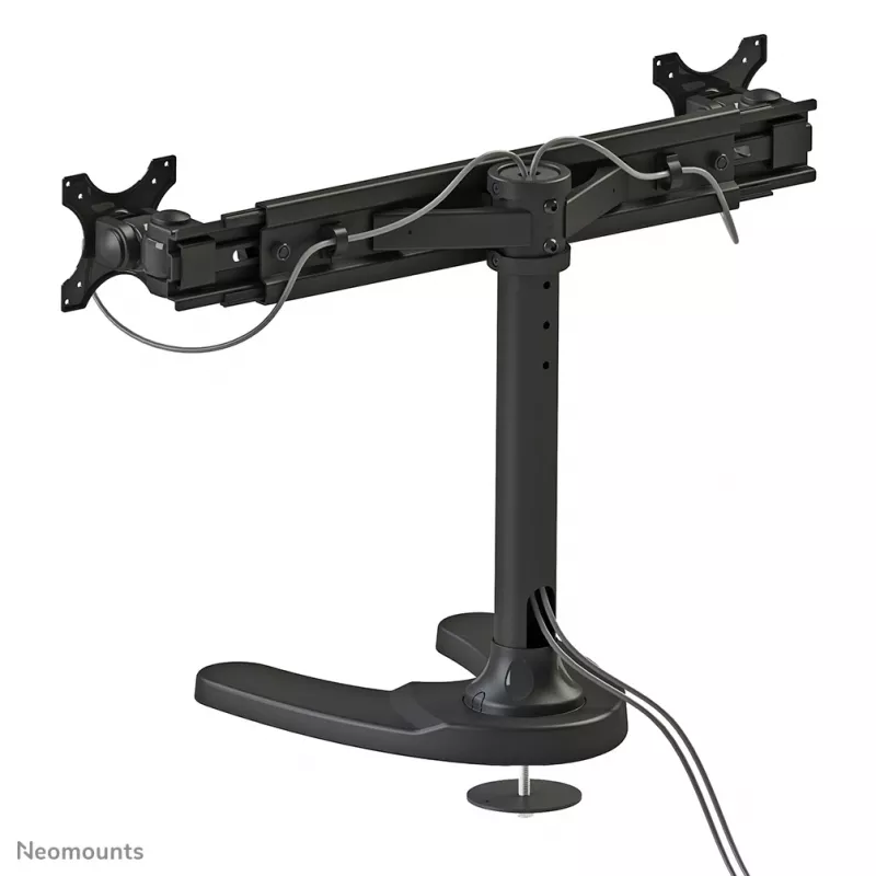 Neomounts FPMA-D700DD galda statīvs diviem monitoriem, pilnībā kustināms, 19-30 collas (48,3-76,2 cm), 8 kg uz ekrānu, VESA 75x75-100x100, statīvs/grommet stiprinājums, melns