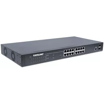 Intellinet 16-Portu Gigabitu Ethernet PoE+ Web-Vadāms Slēdzis ar 2 SFP Portiem, IEEE 802.3at/af Power over Ethernet (PoE+/PoE) Saderīgs, 374 W, Endspan, 19 collu Rackmount