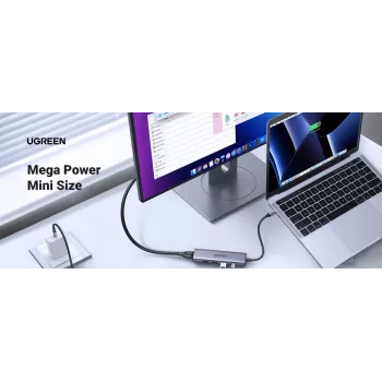 UGREEN USB-C centrmezgls 5-in-1, 3× USB-A 3.0, 1× USB-C PD 100W, 1× HDMI 2.0, alumīnijs