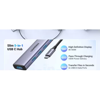 UGREEN USB-C centrmezgls 5-in-1, 3× USB-A 3.0, 1× USB-C PD 100W, 1× HDMI 2.0, alumīnijs