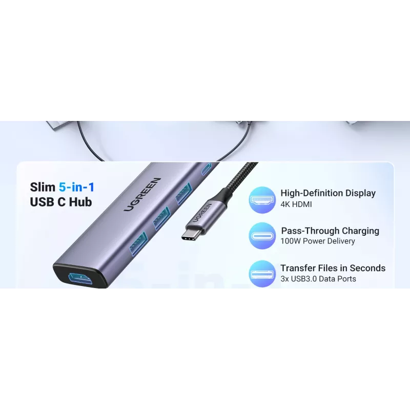 UGREEN Revodok CM511 USB-C centrmezgls 5 vienā (15596), 3 x USB-A, 4K HDMI, USB-C PD 100 W, pelēkā krāsā