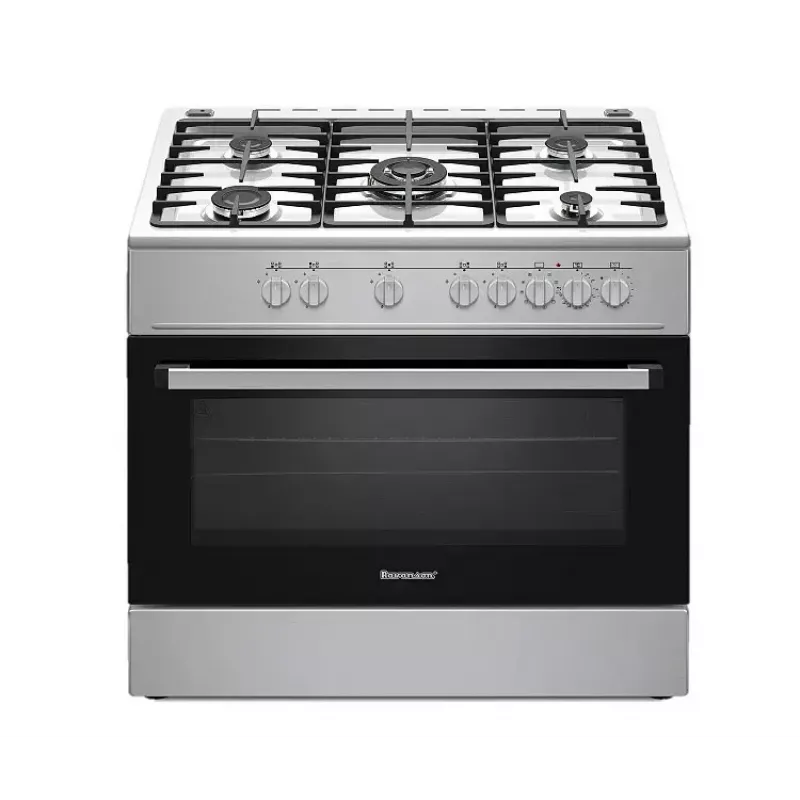 Brīvi stāvoša gāzes-elektrības plīts Ravanson KWGE-K90A Cheff, 90 cm, 5 degļu virsma (wok), elektriskā cepeškrāsns 110 L, nerūsējošais tērauds/sudrabs