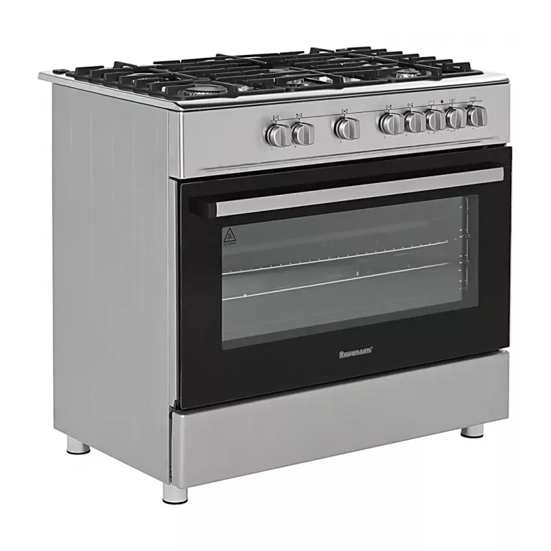 Brīvi stāvoša gāzes-elektrības plīts Ravanson KWGE-K90A Cheff, 90 cm, 5 degļu virsma (wok), elektriskā cepeškrāsns 110 L, nerūsējošais tērauds/sudrabs