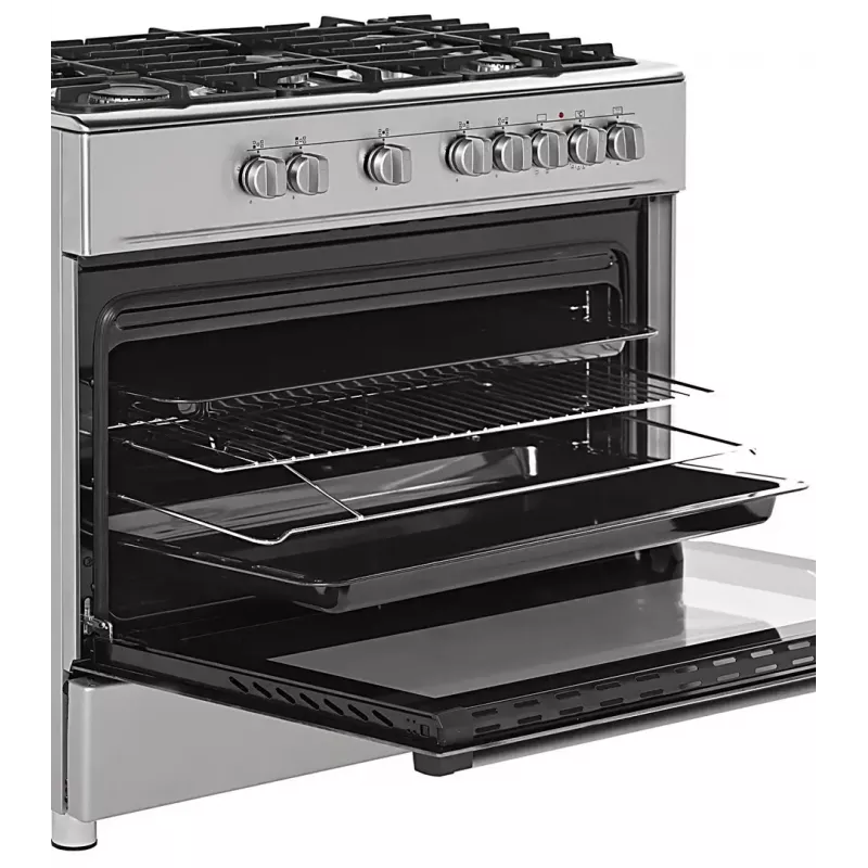 Brīvi stāvoša gāzes-elektrības plīts Ravanson KWGE-K90A Cheff, 90 cm, 5 degļu virsma (wok), elektriskā cepeškrāsns 110 L, nerūsējošais tērauds/sudrabs