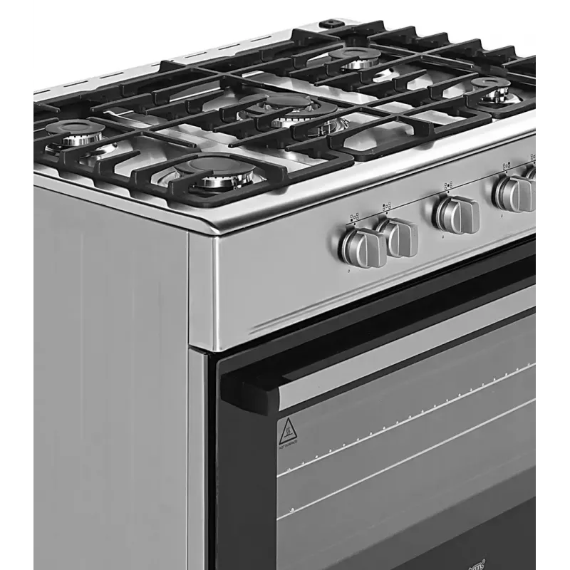 Brīvi stāvoša gāzes-elektrības plīts Ravanson KWGE-K90A Cheff, 90 cm, 5 degļu virsma (wok), elektriskā cepeškrāsns 110 L, nerūsējošais tērauds/sudrabs