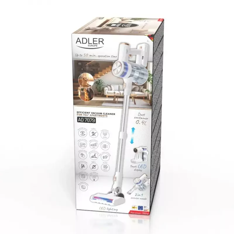 Bezvadu vertikālais putekļsūcējs Adler AD 7079, bezsuku motors, 9000 Pa, 2200 mAh, 0,4 L bezmaiss