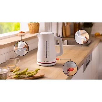 Elektriskā tējkanna Bosch TWK3M121 — 1,7 L, 2400 W, balta, plastmasas korpuss