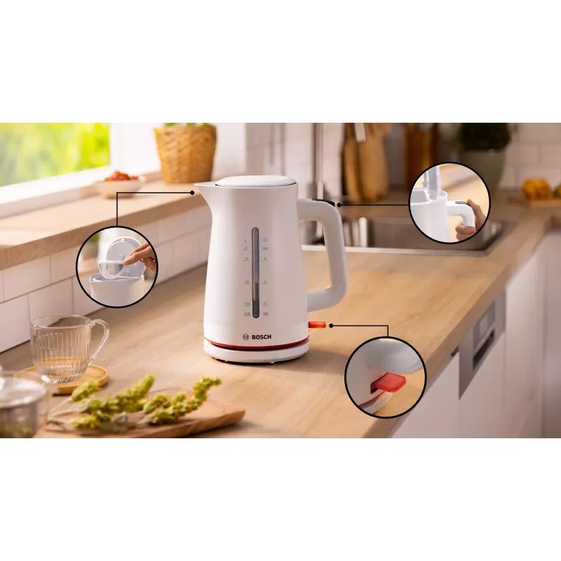 Elektriskā tējkanna Bosch TWK3M121 — 1,7 L, 2400 W, balta, plastmasas korpuss