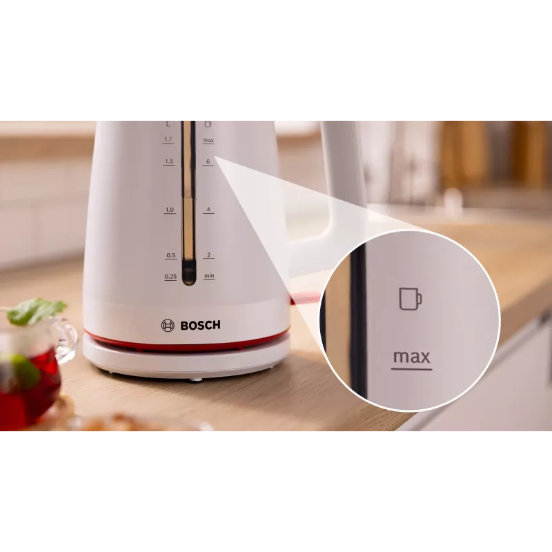 Elektriskā tējkanna Bosch TWK3M121 — 1,7 L, 2400 W, balta, plastmasas korpuss