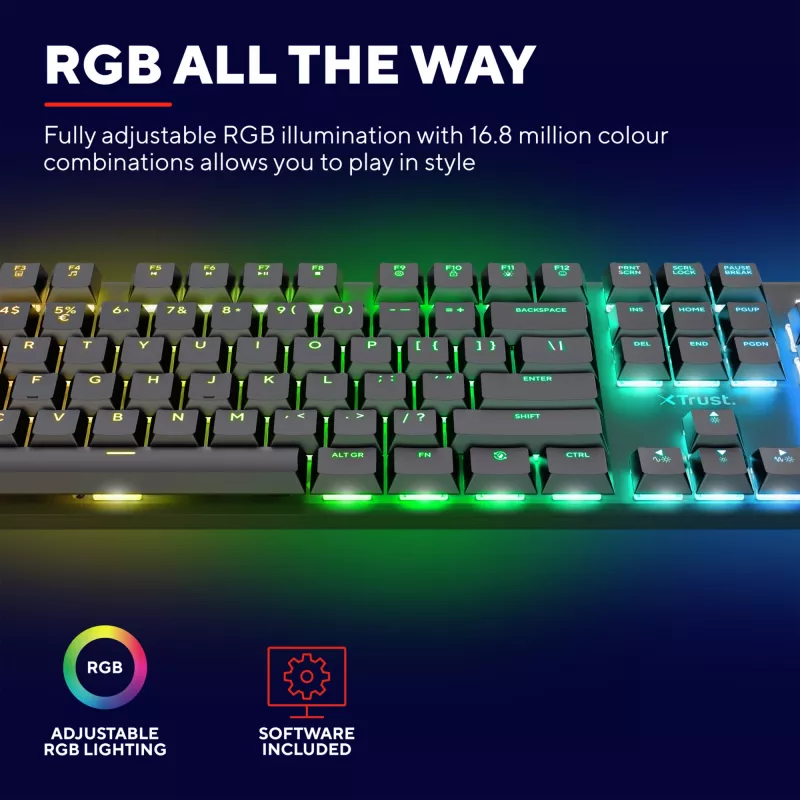 Trust GXT 868 Torix spēļu tastatūra USB + RF bezvadu + Bluetooth QWERTY US English Melna