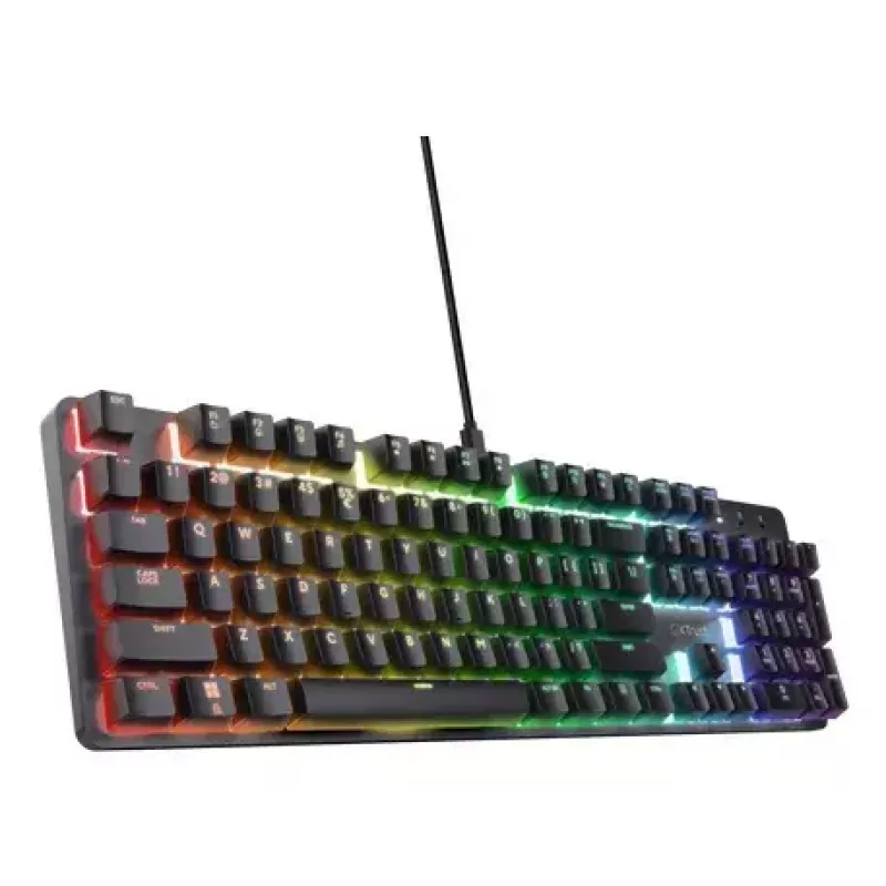 Mehāniskā spēļu tastatūra TRUST GXT 871 Zora — pilnizmēra QWERTY US, RGB, N-key rollover, 104 taustiņi, alumīnijs, USB-A, 1.8 m