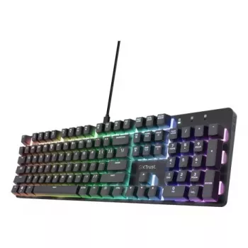 Mehāniskā spēļu tastatūra TRUST GXT 871 Zora — pilnizmēra QWERTY US, RGB, N-key rollover, 104 taustiņi, alumīnijs, USB-A, 1.8 m