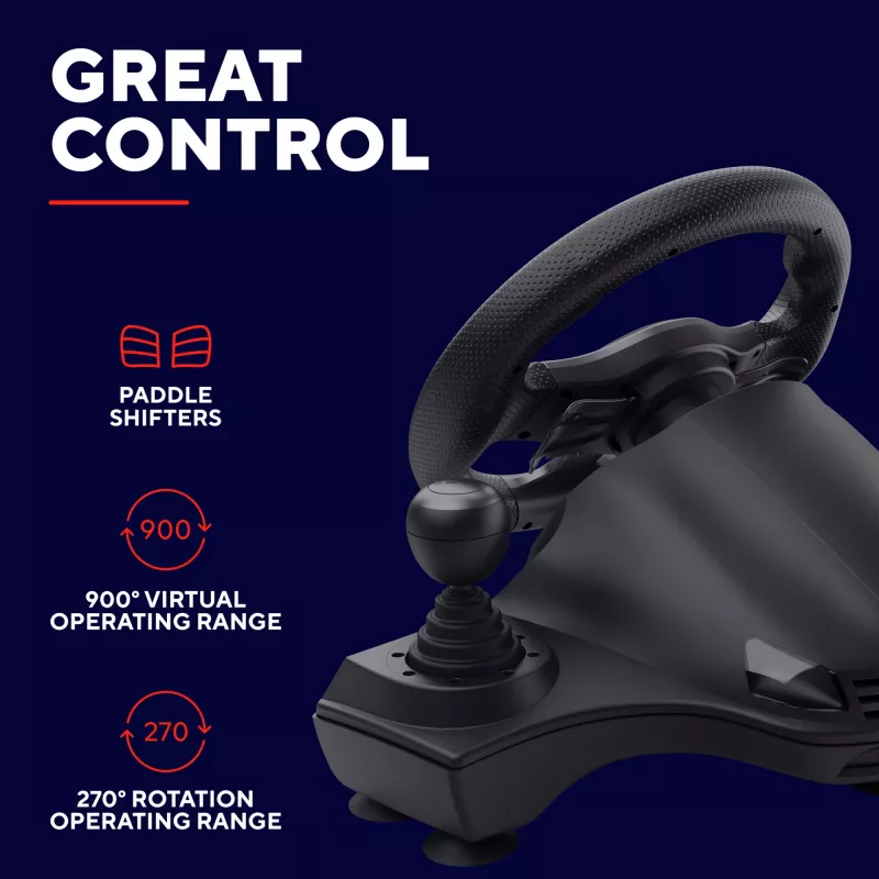 Trust GXT 289 Movi Black USB stūre + pedāļi Nintendo Switch, PlayStation 4, Xbox One S, Xbox One X, Xbox Series S, Xbox Series X