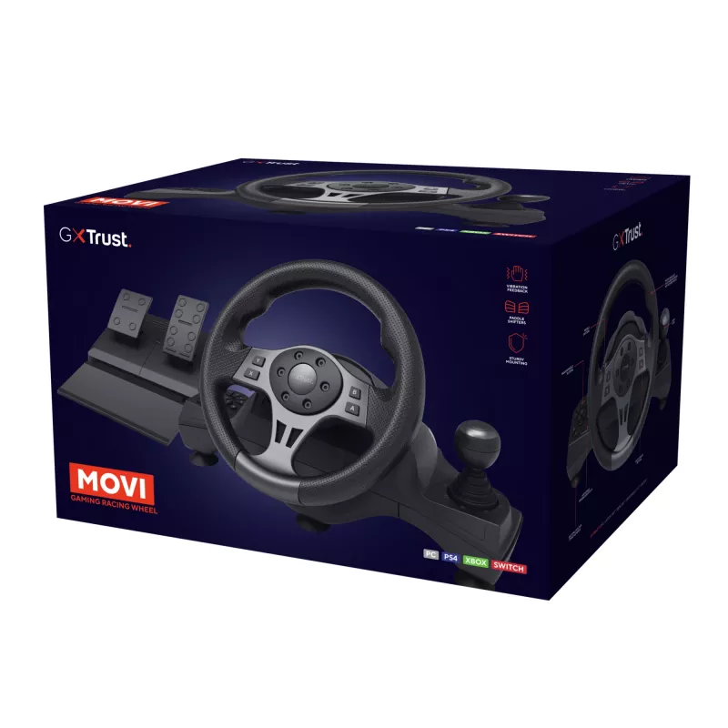 Trust GXT 289 Movi Black USB stūre + pedāļi Nintendo Switch, PlayStation 4, Xbox One S, Xbox One X, Xbox Series S, Xbox Series X