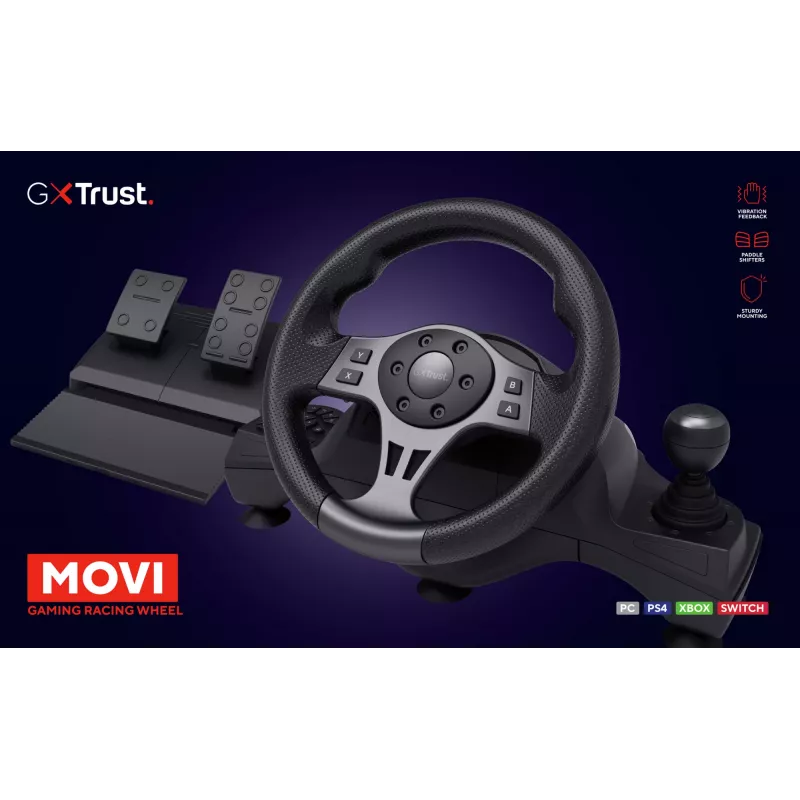 Trust GXT 289 Movi Black USB stūre + pedāļi Nintendo Switch, PlayStation 4, Xbox One S, Xbox One X, Xbox Series S, Xbox Series X