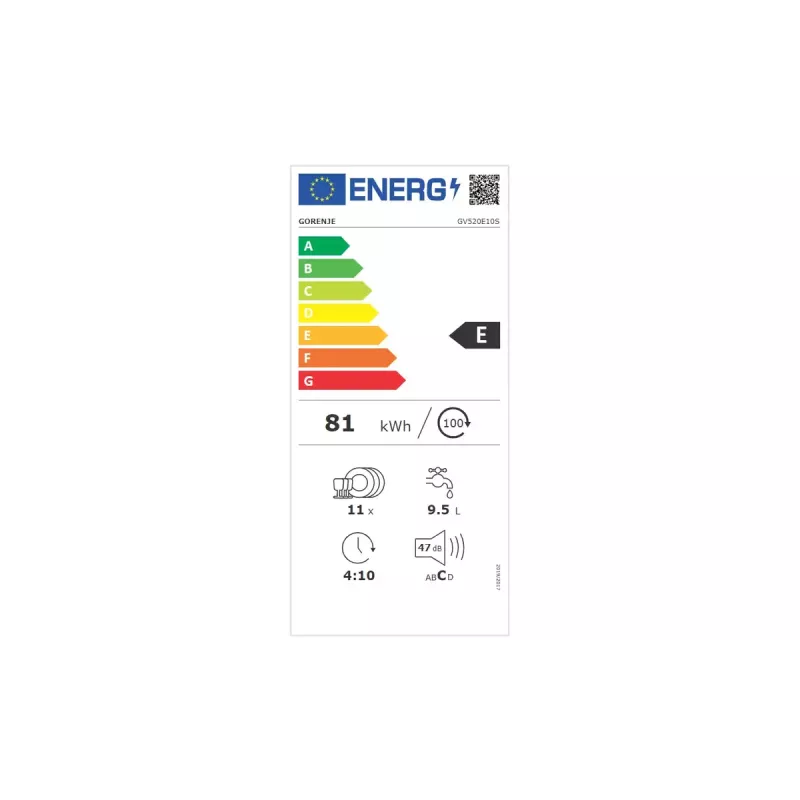 Iebūvējamā trauku mazgājamā mašīna Gorenje GV520E10S, šaurā 45 cm, 11 komplekti, 47 dB, nerūsējošā tērauda tvertne, AquaStop