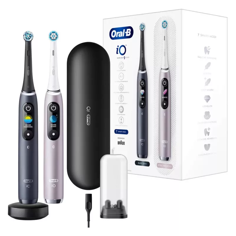 Elektriskā zobu birste Oral-B iO 9 pieaugušajiem, rotējoša, 2 rokturi, 2 birstes galviņas, iebūvēts akumulators, 3 h uzlāde, Melna/Roze