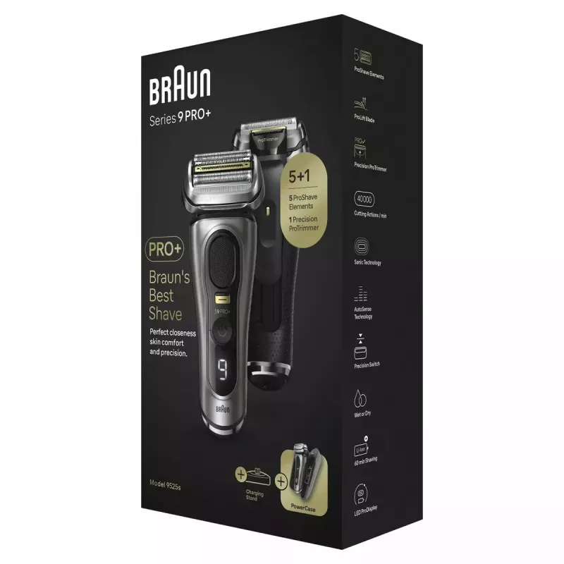 Braun Series 9 Pro+ 9525s mitrais/sausais skuveklis ar trimmeri, metālisks