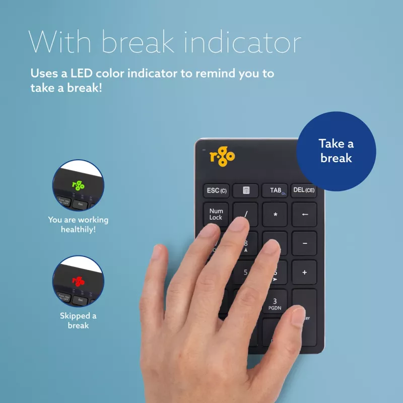 R-Go Tools ciparu klaviatūra R-Go Numpad Break, ergonomiska ciparu klaviatūra ar pārtraukuma programmatūru, Bluetooth, melna