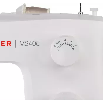 Daļēji automātiskā šujmašīna SINGER M2405 — mehāniskā, 11 programmas, 8 dūrienu raksti, 70W, balta
