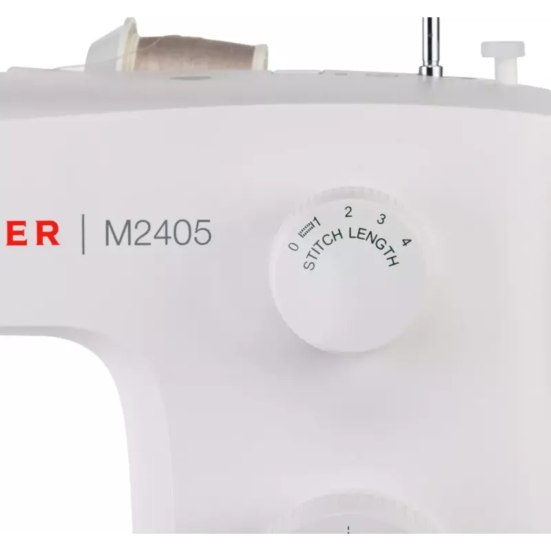Daļēji automātiskā šujmašīna SINGER M2405 — mehāniskā, 11 programmas, 8 dūrienu raksti, 70W, balta
