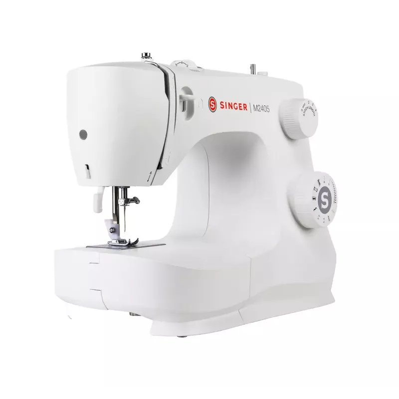 Daļēji automātiskā šujmašīna SINGER M2405 — mehāniskā, 11 programmas, 8 dūrienu raksti, 70W, balta