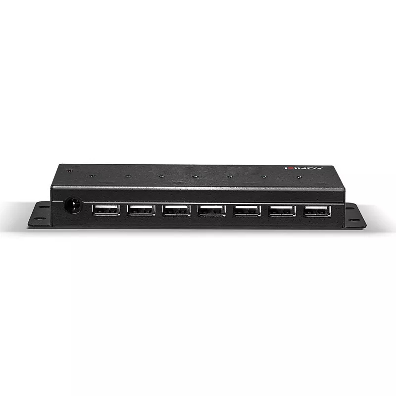 Lindy 42794 industriālais metāla USB 2.0 sadalītājs ar 7 portiem, 480 Mbit/s, stiprinājuma ausis, ārējais barošanas bloks, melns