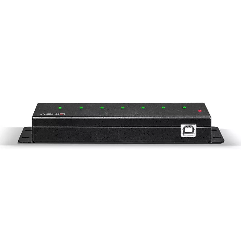 Lindy 42794 industriālais metāla USB 2.0 sadalītājs ar 7 portiem, 480 Mbit/s, stiprinājuma ausis, ārējais barošanas bloks, melns