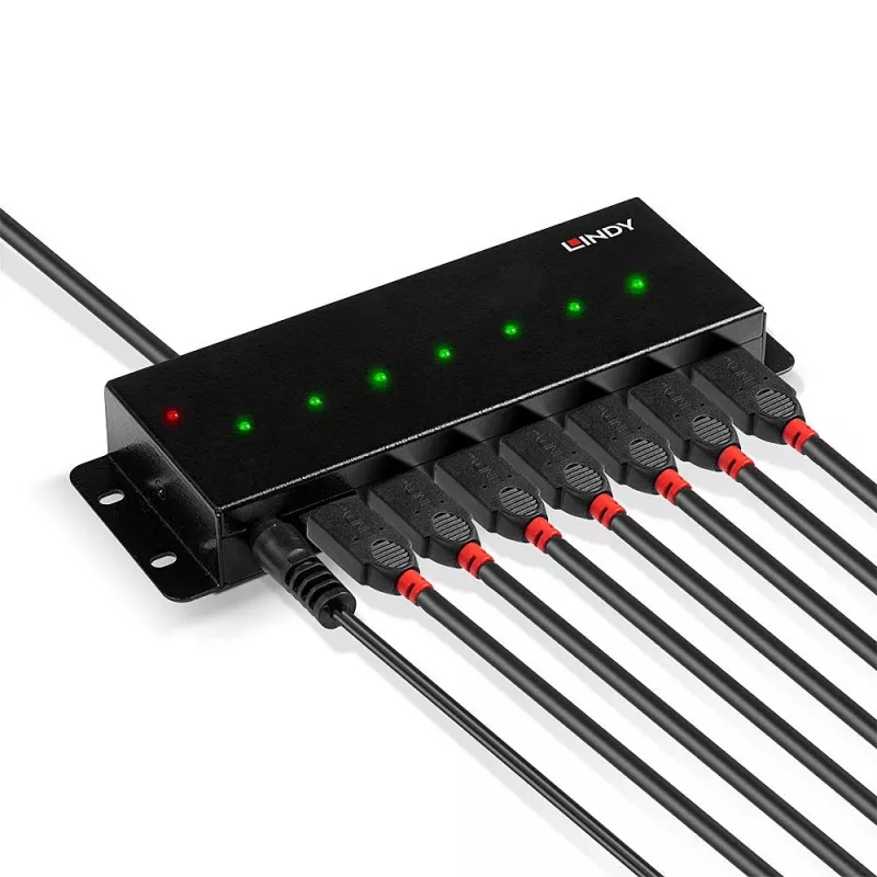 Lindy 42794 industriālais metāla USB 2.0 sadalītājs ar 7 portiem, 480 Mbit/s, stiprinājuma ausis, ārējais barošanas bloks, melns