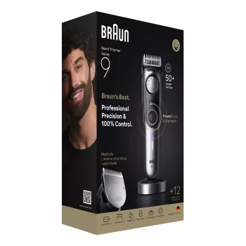 Braun BeardTrimmer 9 BT9560 bārdas trimmeris, 52 pakāpju precizitātes ritenis, akumulators, 2 cm, slapjš/sauss, melns, sudrabs