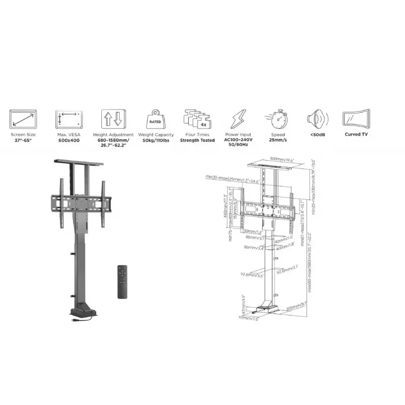 Equip motorizēts TV statīvs 37-65 collām ar tālvadību 650606