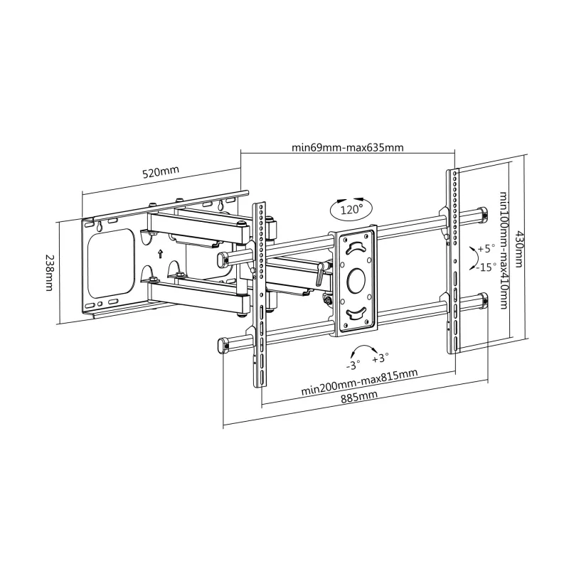 Equip TV sienas kronšteins 37-90 collām, Slīpums/Pagriešana, 200x200 mm, 816x410 mm, -15-5°, -60-60°, Tērauds, Melns