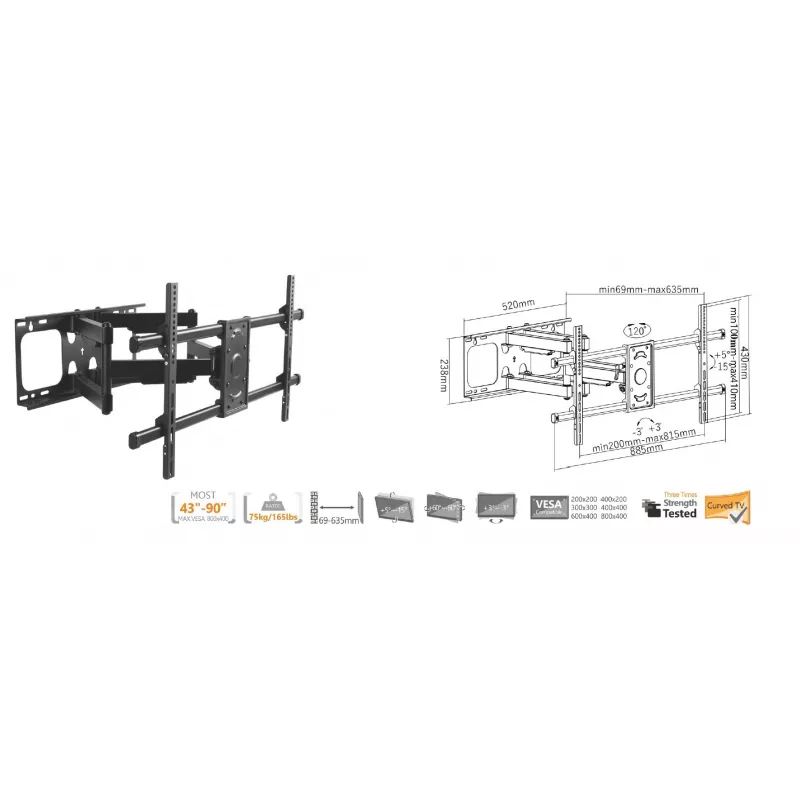 Equip TV sienas kronšteins 37-90 collām, Slīpums/Pagriešana, 200x200 mm, 816x410 mm, -15-5°, -60-60°, Tērauds, Melns