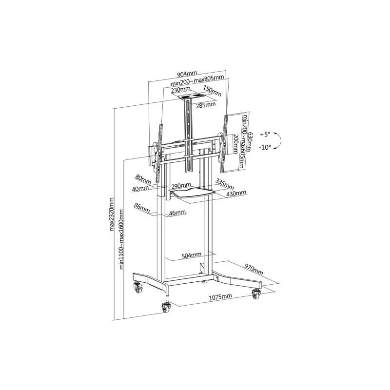 Equip mobilais motorizēts LFD ratiņš 55-100 collām, 2.54 m (100 inch), 200x200 mm, 800x600 mm, -10 - 5°, melns