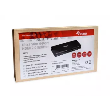 Equip Ultra Slim 4-Port HDMI 2.0 Sadalītājs, HDMI, 4x HDMI, 3840 x 2160 pikseļi, Melns, Alumīnijs, 4K Ultra HD