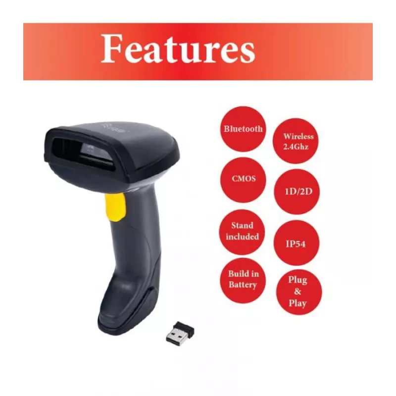 Equip Wireless 2D Dual Mode 2.4GHz + Bluetooth svītrkodu skeneris ar statīvu