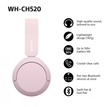 Sony WHCH520P.CE7 Bezvadu austiņas, 20 - 20000 Hz, Zvani/Mūzika, 147 g, Rozā