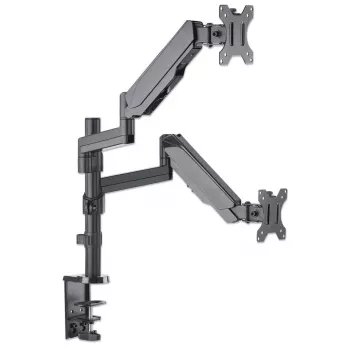 Manhattan divkāršs galda stiprinājums TV un monitoriem (pilnas kustības gāzes atspere), 10 inch–27 inch, skava vai caurums, VESA 75x75 un 100x100mm, līdz 8kg katrs